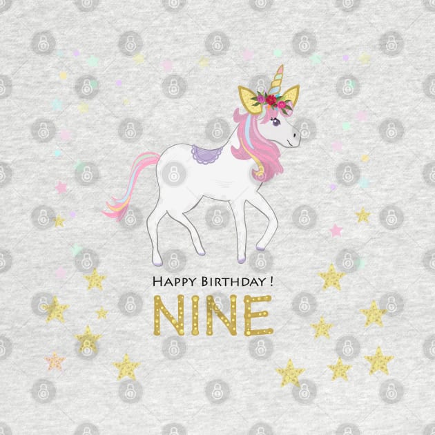 Ninth birthday. Nine. Unicorn Birthday invitation. Party invitation greeting card by GULSENGUNEL